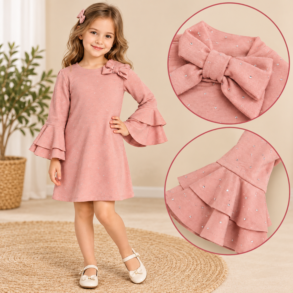 Girls pink diamante bow dress