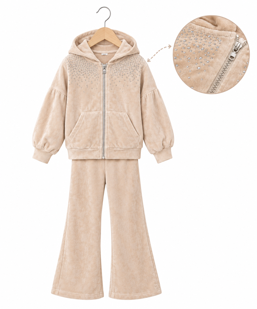Girls Beige Diamante Zip Tracksuit