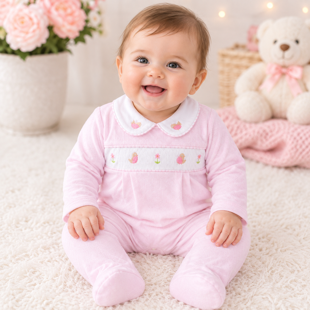Baby girl pink bird sleepsuit