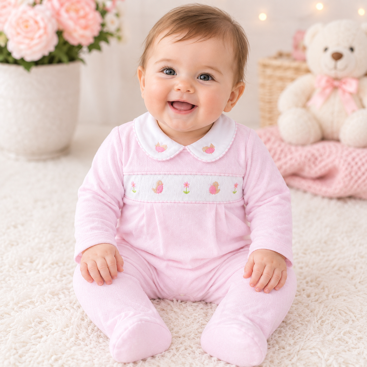 Baby girl pink bird sleepsuit