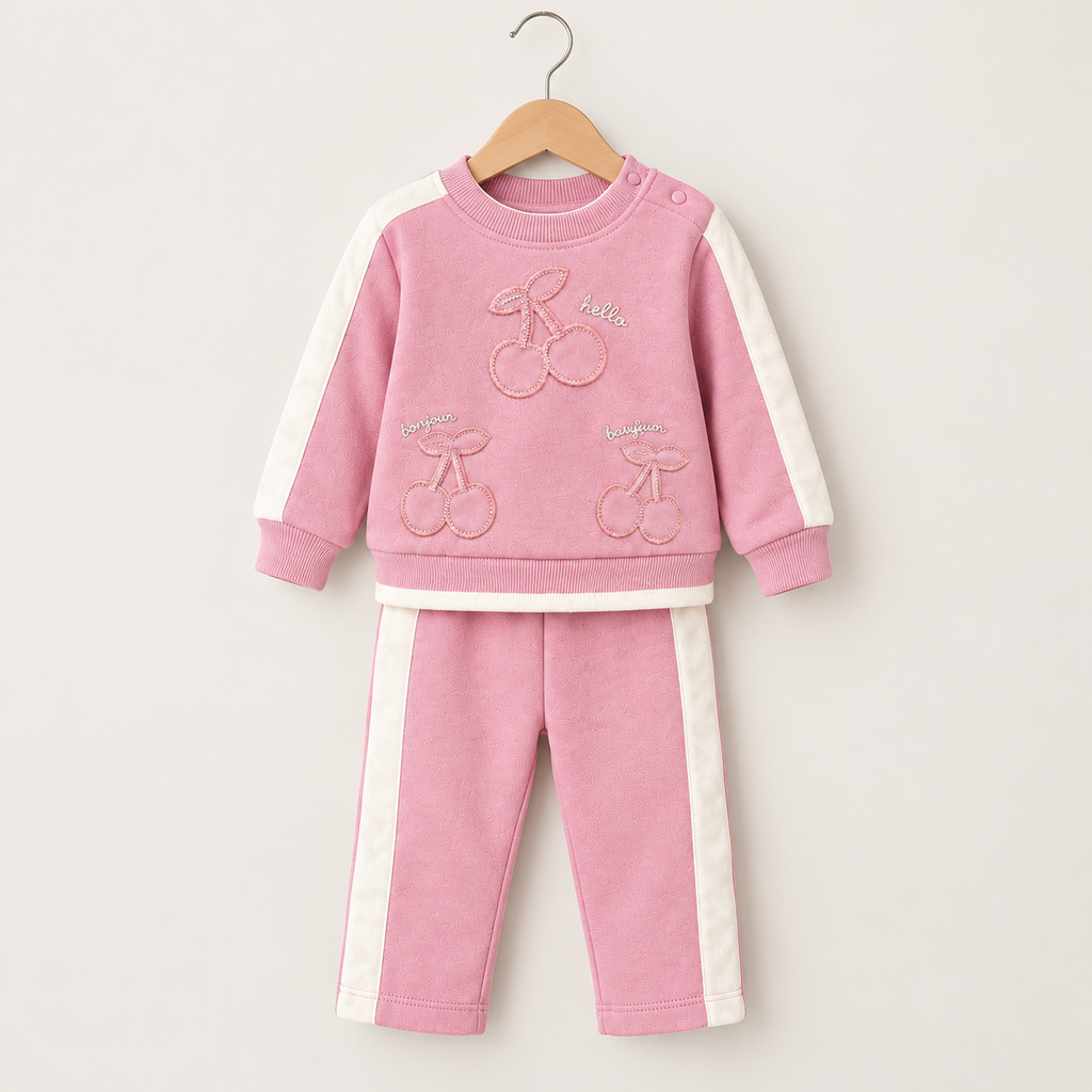 Girls pink 2 piece cherry tracksuit