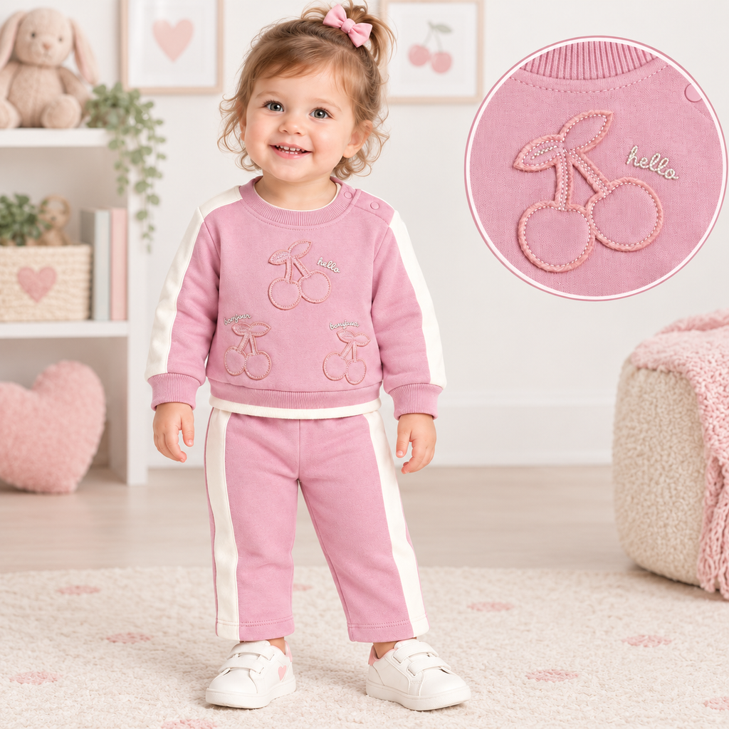 Girls pink 2 piece cherry tracksuit