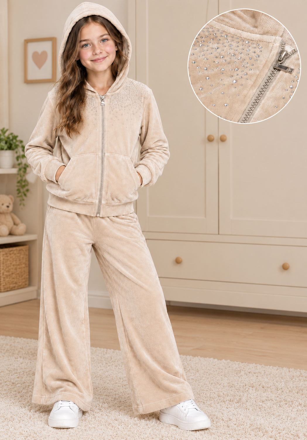 Girls Beige Diamante Zip Tracksuit