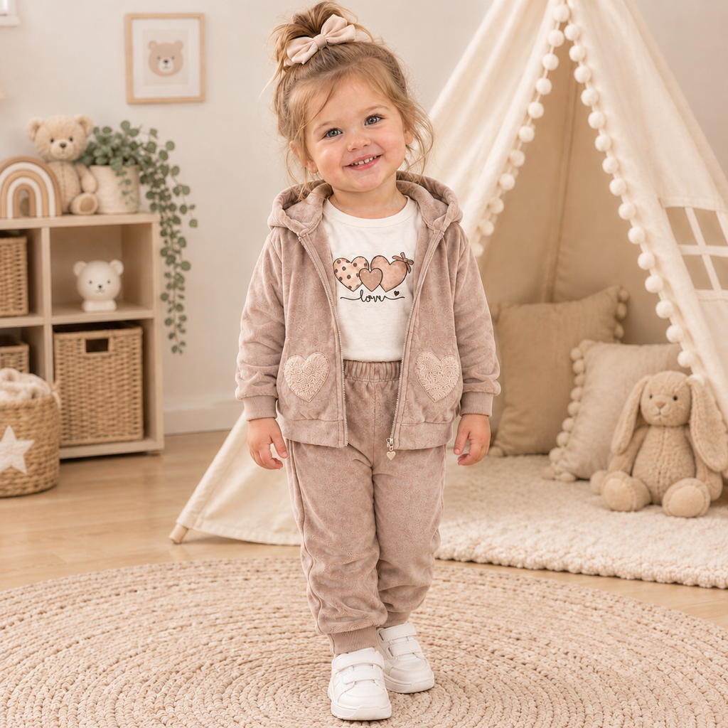 Girls 3 piece heart beige set