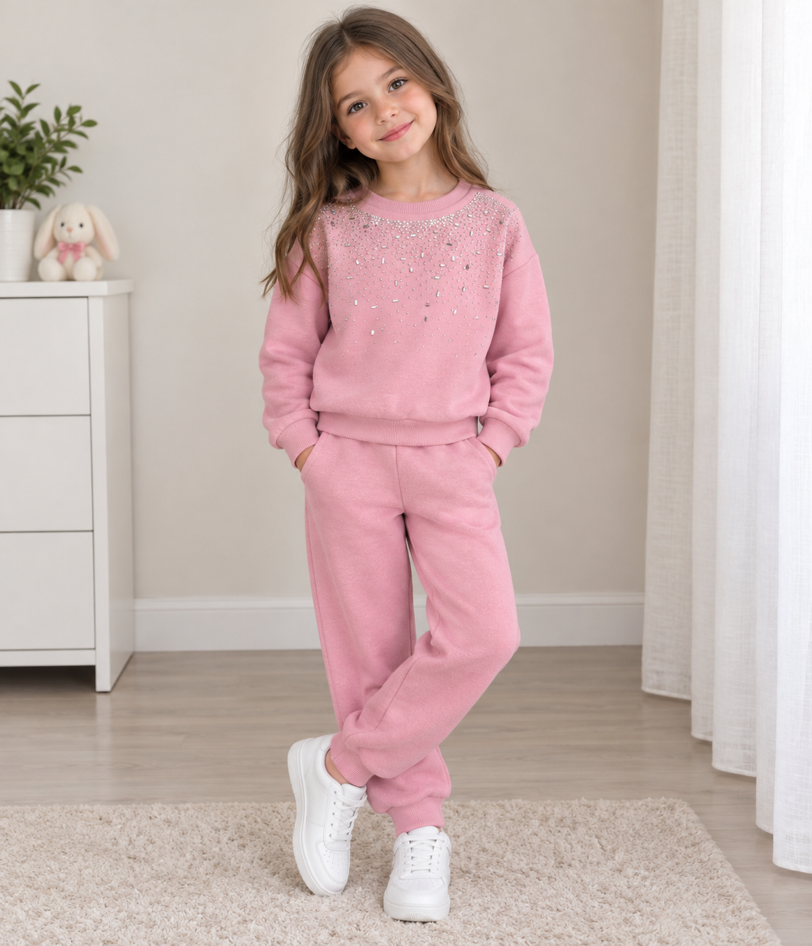 Girls diamante pink jumper 2 piece set